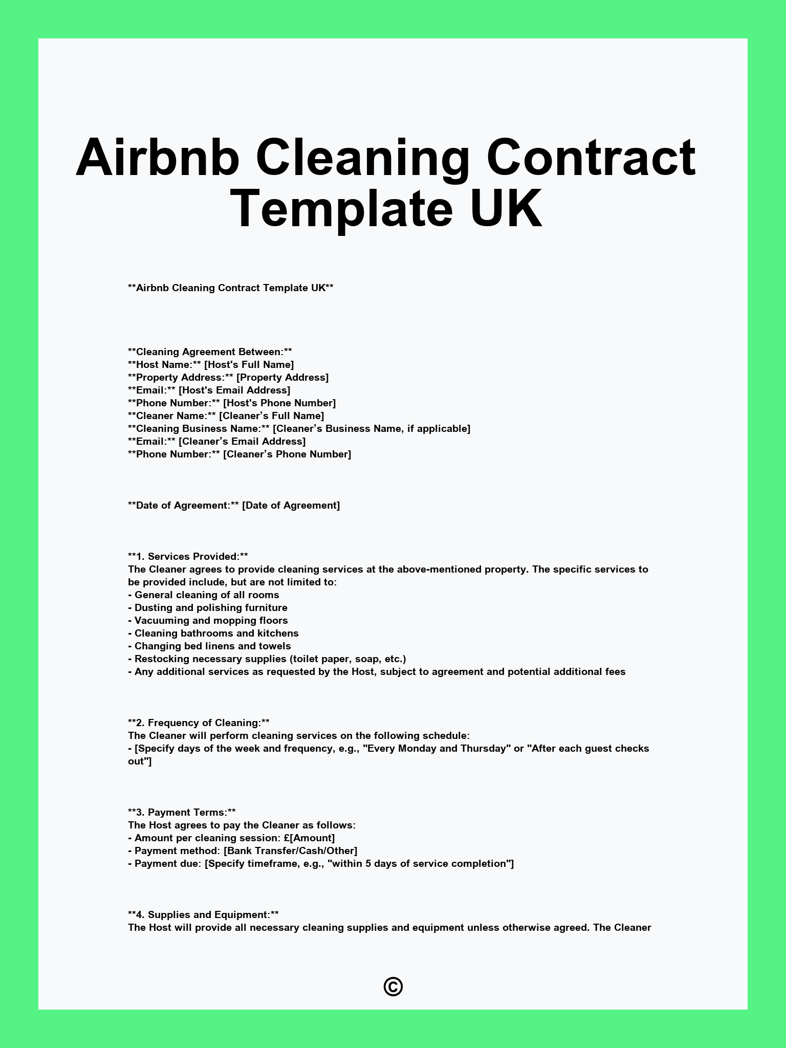 Airbnb Cleaning Contract Template UK