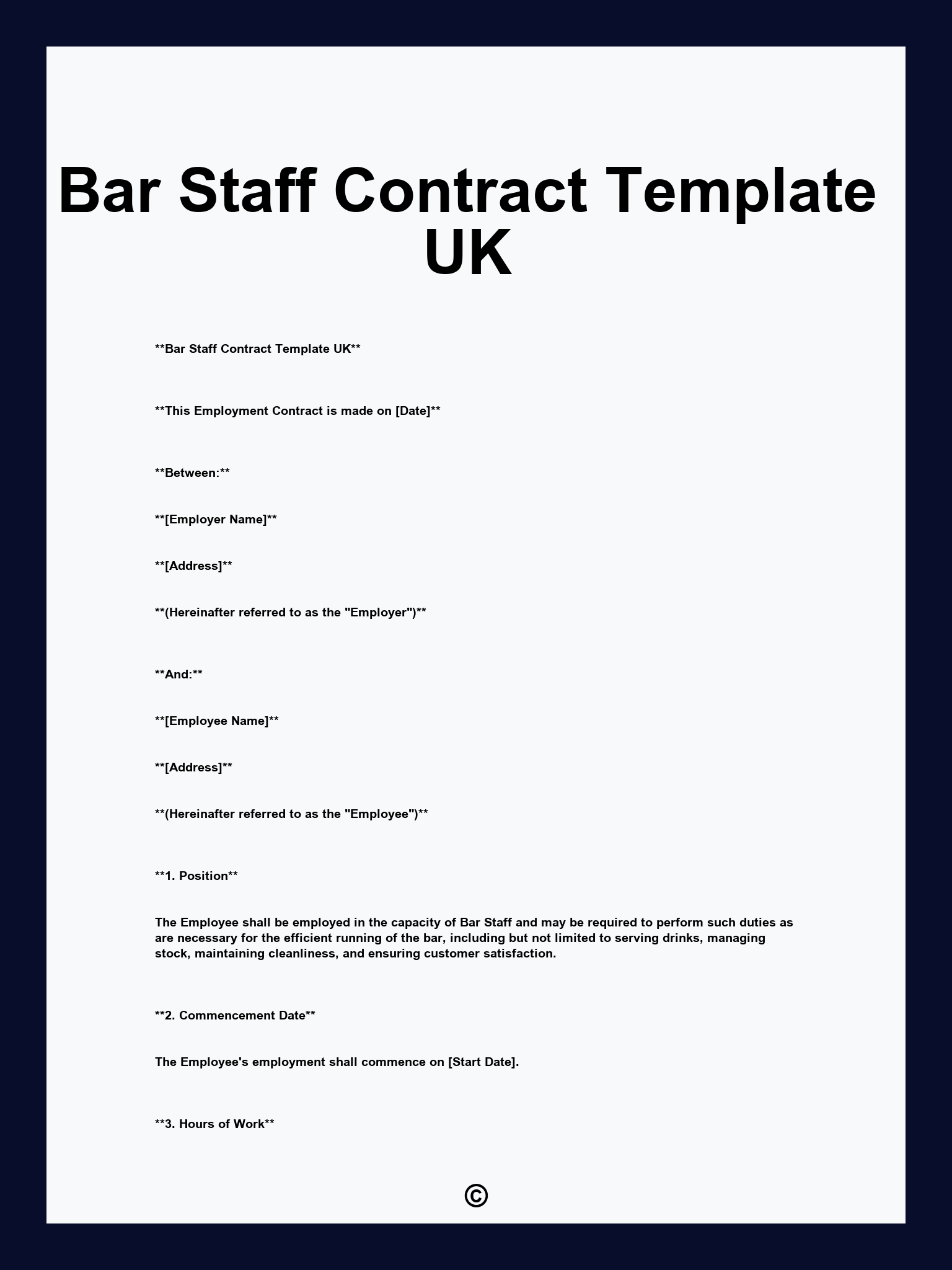 Bar Staff Contract Template UK