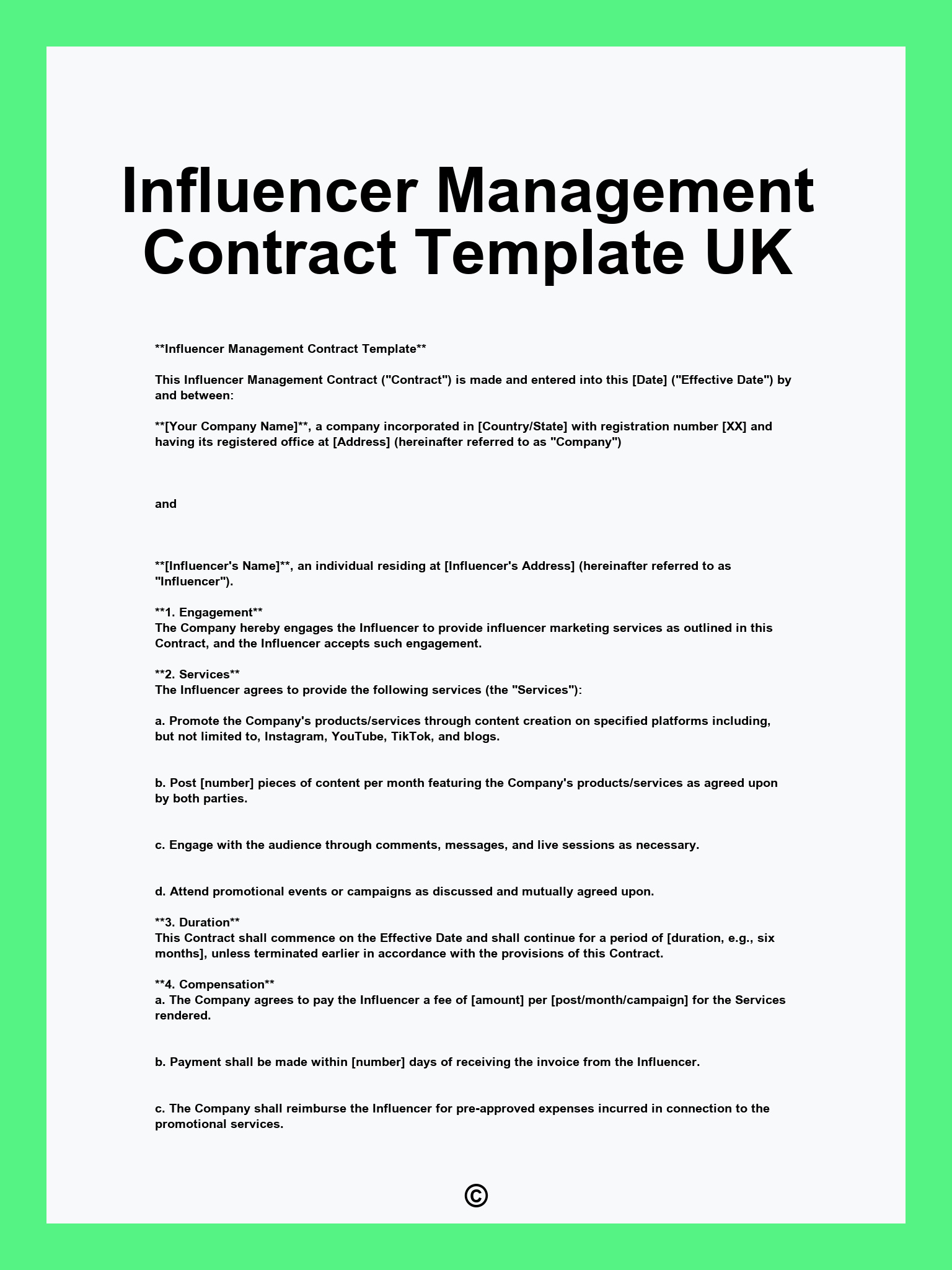Influencer Management Contract Template UK