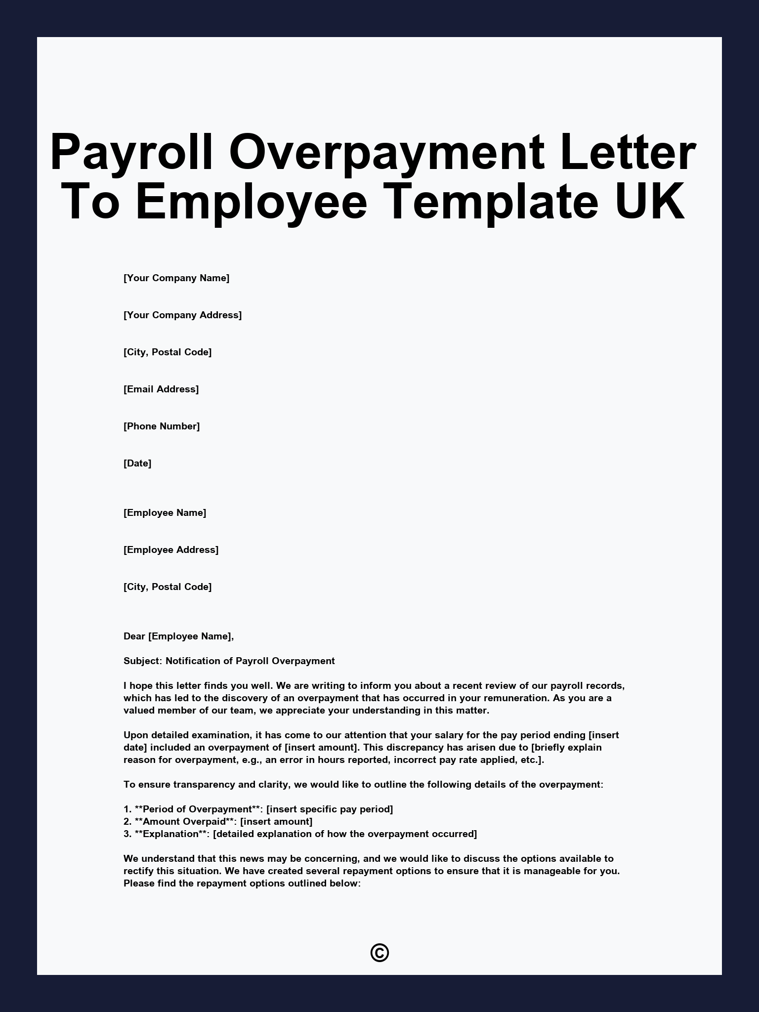 Payroll Overpayment Letter To Employee Template UK