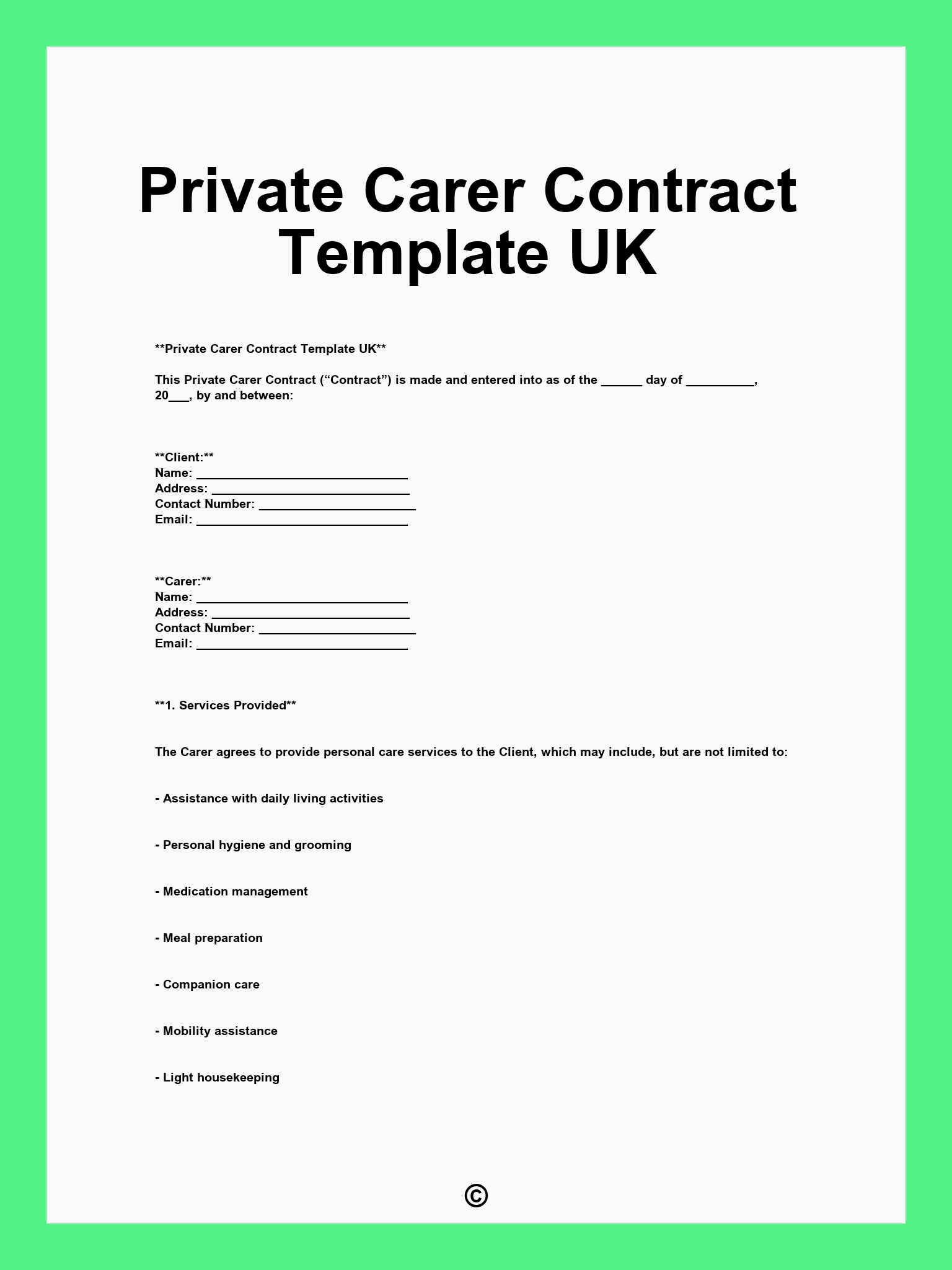 Private Carer Contract Template UK